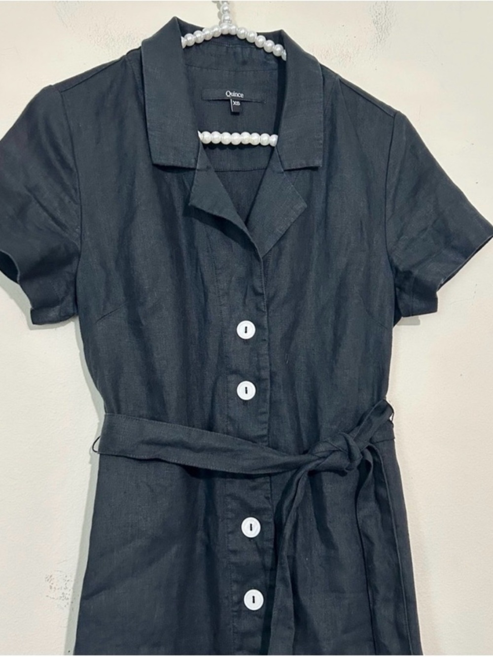 Quince Short Sleeve Black Linen Belted Midi Shirt Dress SIZE XS - Picture 3 of 7